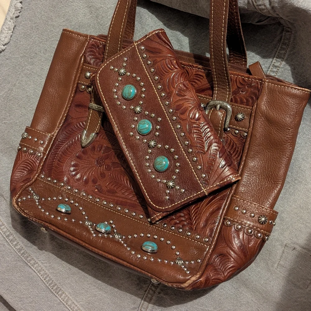 American West Brown Leather Shoulder Bag with Turquoise Accents - Picture 1 of 14